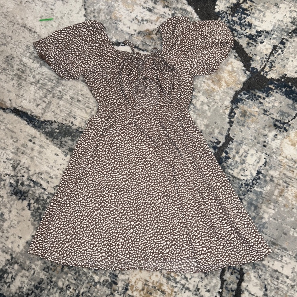 brown and white polka dot dress
